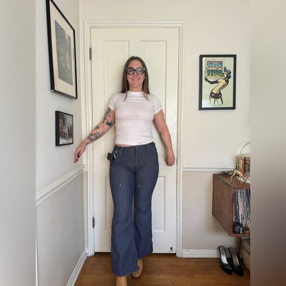 60s Vintage Wrangler Kick Flare Blue Jeans Snap Fly - Picture 1 of 14